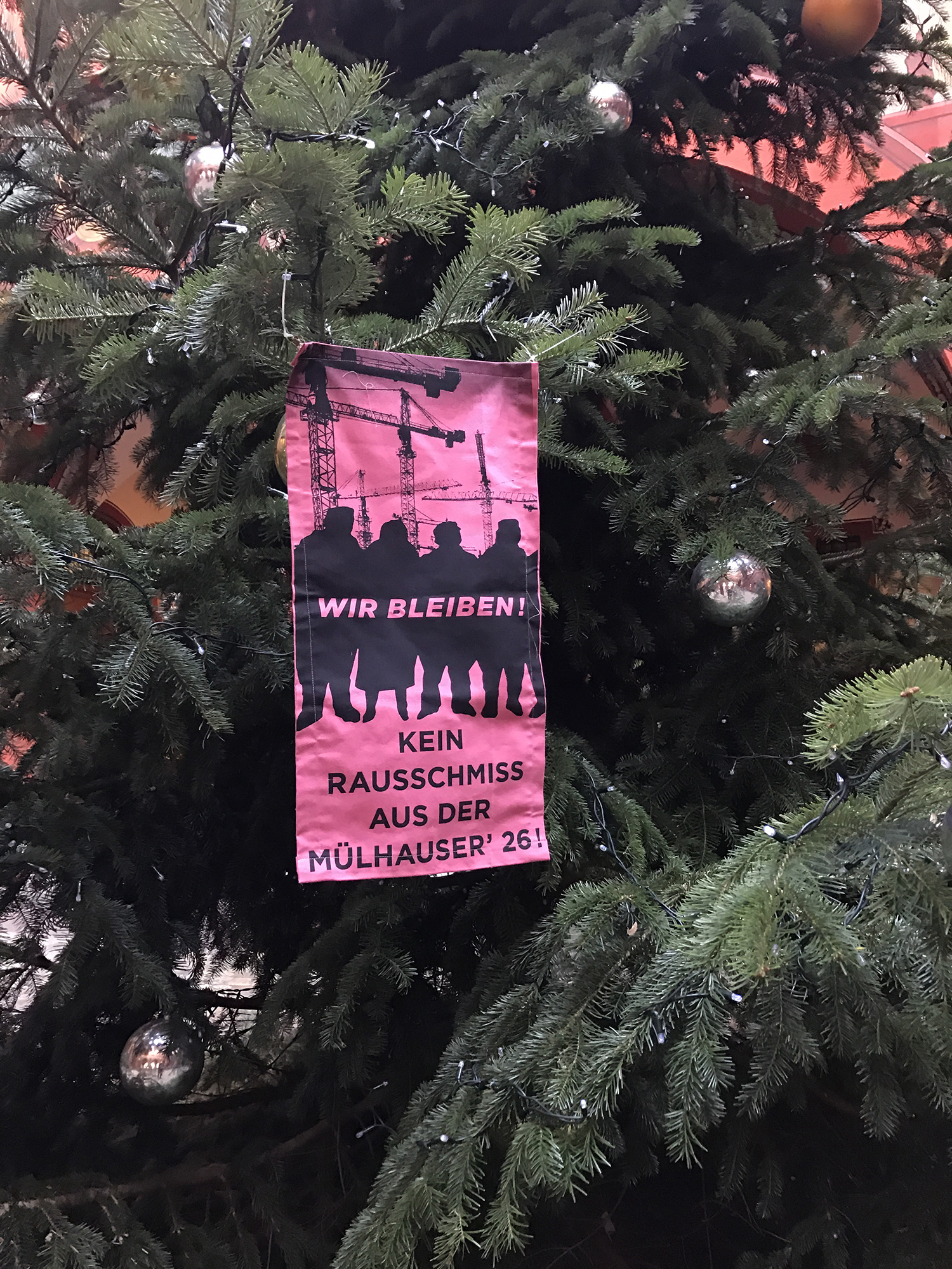 Brachte Heiner Vischer (LDP) auf die Tanne: Transpi am rathäuslichen Weihnachtsbaum.