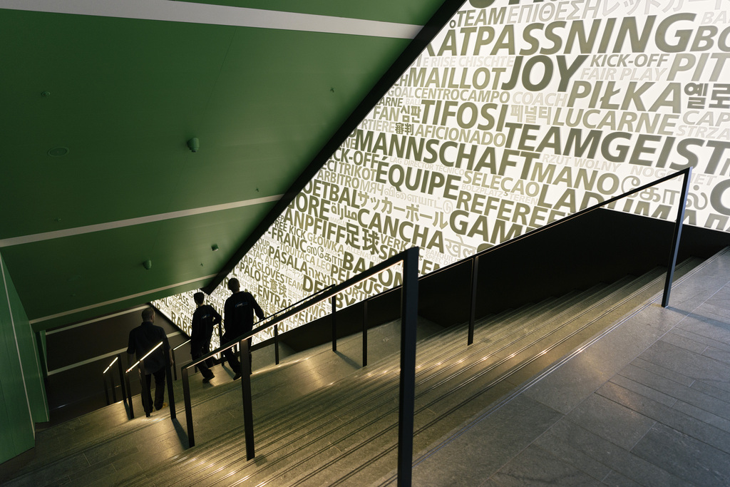 A staircase leads to the next exhibition floor at the FIFA World Football Museum in Zurich, Switzerland, on May 17, 2016. Exhibits at the museum, which is owned and operated by FIFA, include memorabilia from every FIFA World Cup and FIFA Women's World Cup. (KEYSTONE/Christian Beutler)