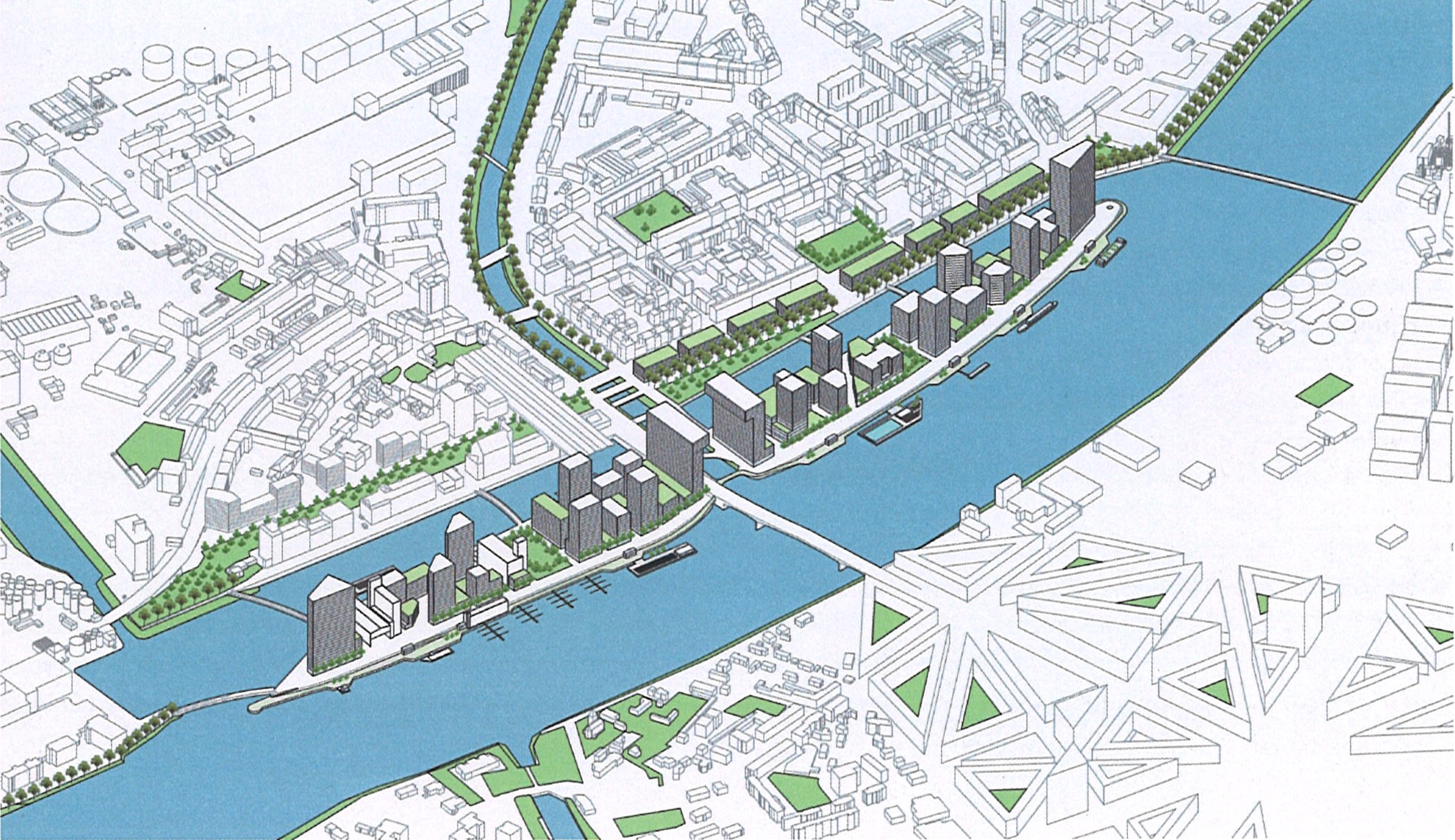 Übersichtsplan mit den drei angedachten neuen Brücken.
