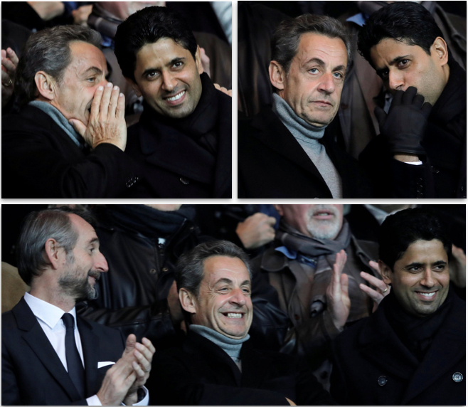 Nasser Al-Khelaifi - Football Soccer - Paris St Germain v OGC Nice - French Ligue 1 - Parc des Princes stadium, Paris, France - 11/12/2016. Former president Nicolas Sarkozy and Paris St Germain's President Nasser Al-Khelaifi. REUTERS/Benoit Tessier