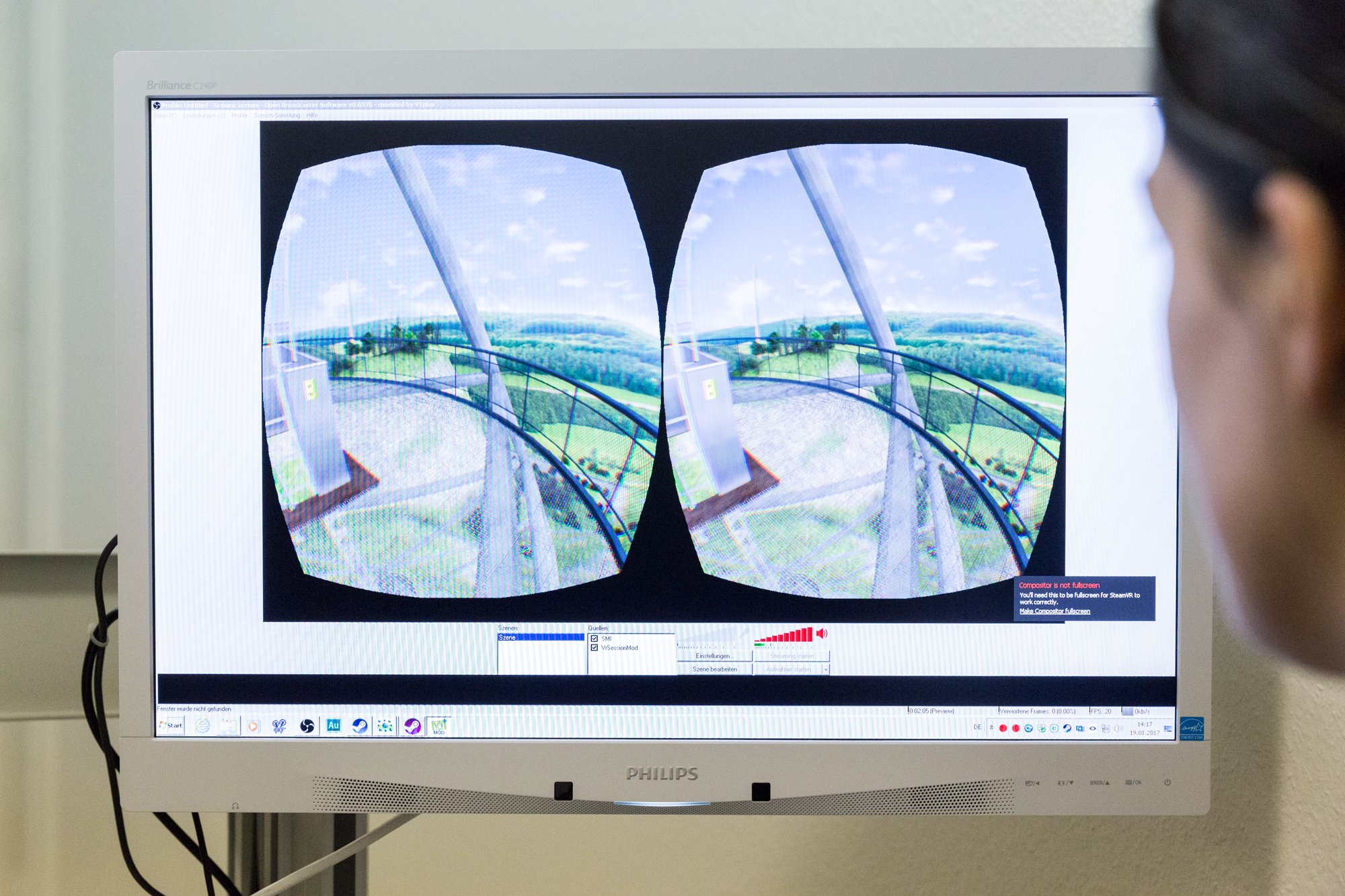 Menschen mit Höhenangst klettern im virtuellen Raum auf eine hohe Aussichtsplattform mit Panoramablick.