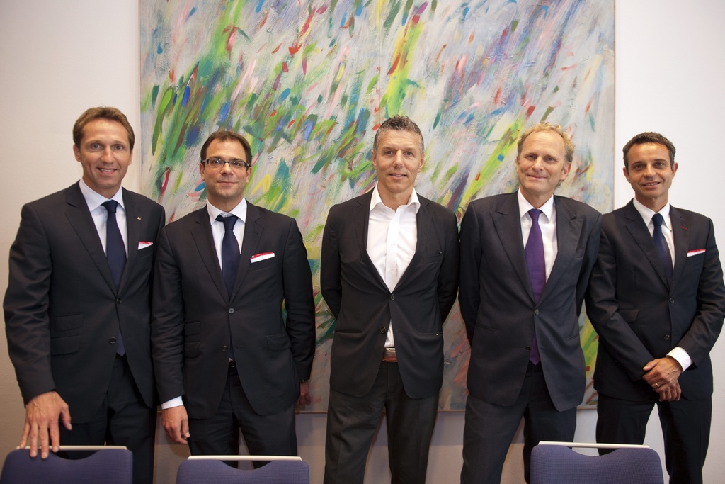 Die 2012 neu zusammengestellte Clubspitze des FCB (von links): Vizepräsident Adrian Knup, Sportdirektor Georg Heitz, die Verwaltungsräte René Kamm (Marketing) und Stephan Werthmüller (Finanzen) sowie Präsident Bernhard Heusler.