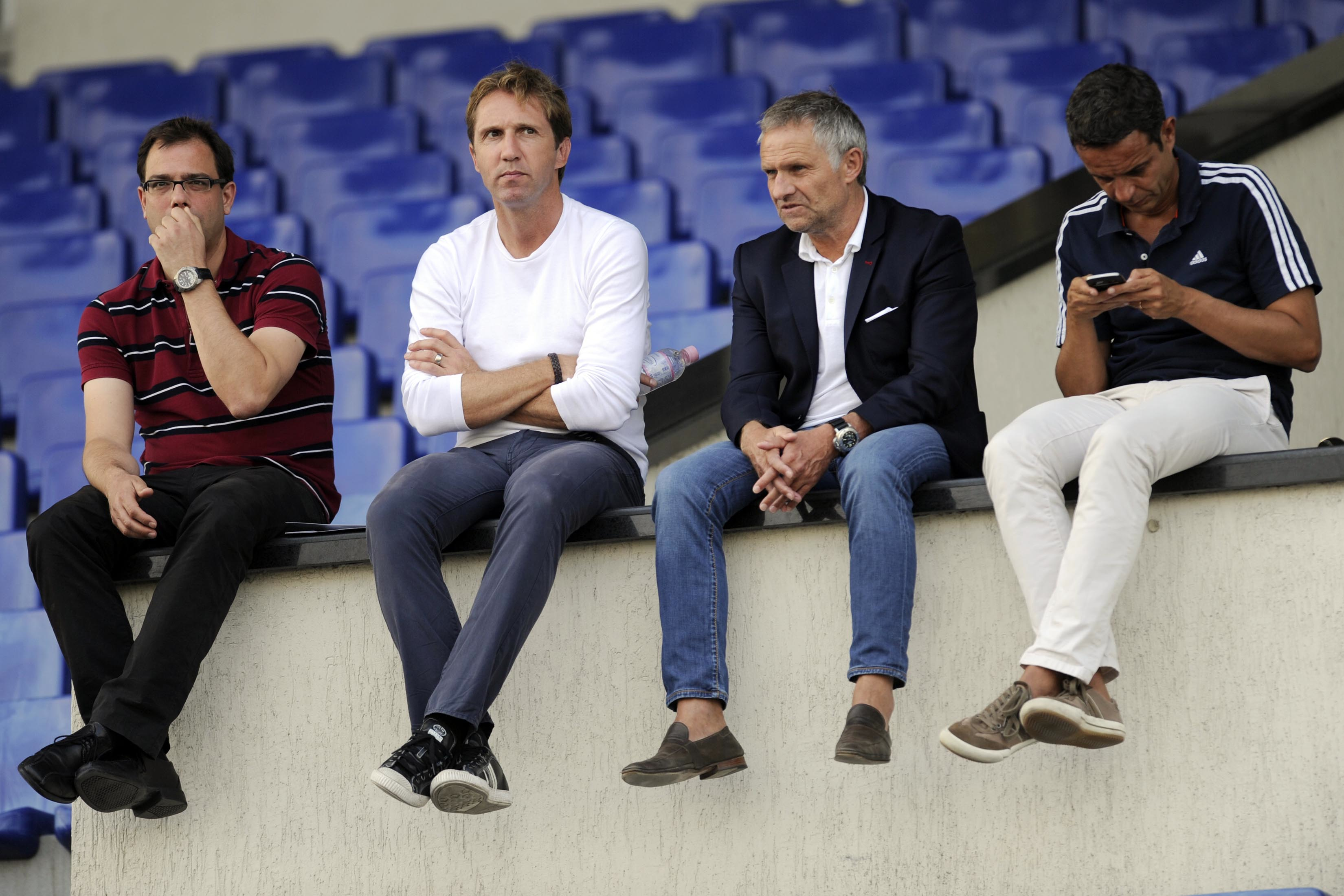 20.08.2013; Sofia; Fussball Champions League Play-off; PFC Ludogorez Razgrad - FC Basel; Training FC Basel; Georg Heitz, Adrian Knup, Ruedi Zbinden und Praesident Bernhard Heusler (Andy Mueller/freshfocus)