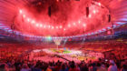 epa05506425 Fireworks shoot off as artist perform during the Closing Ceremony of the Rio 2016 Olympic Games at the Maracana S