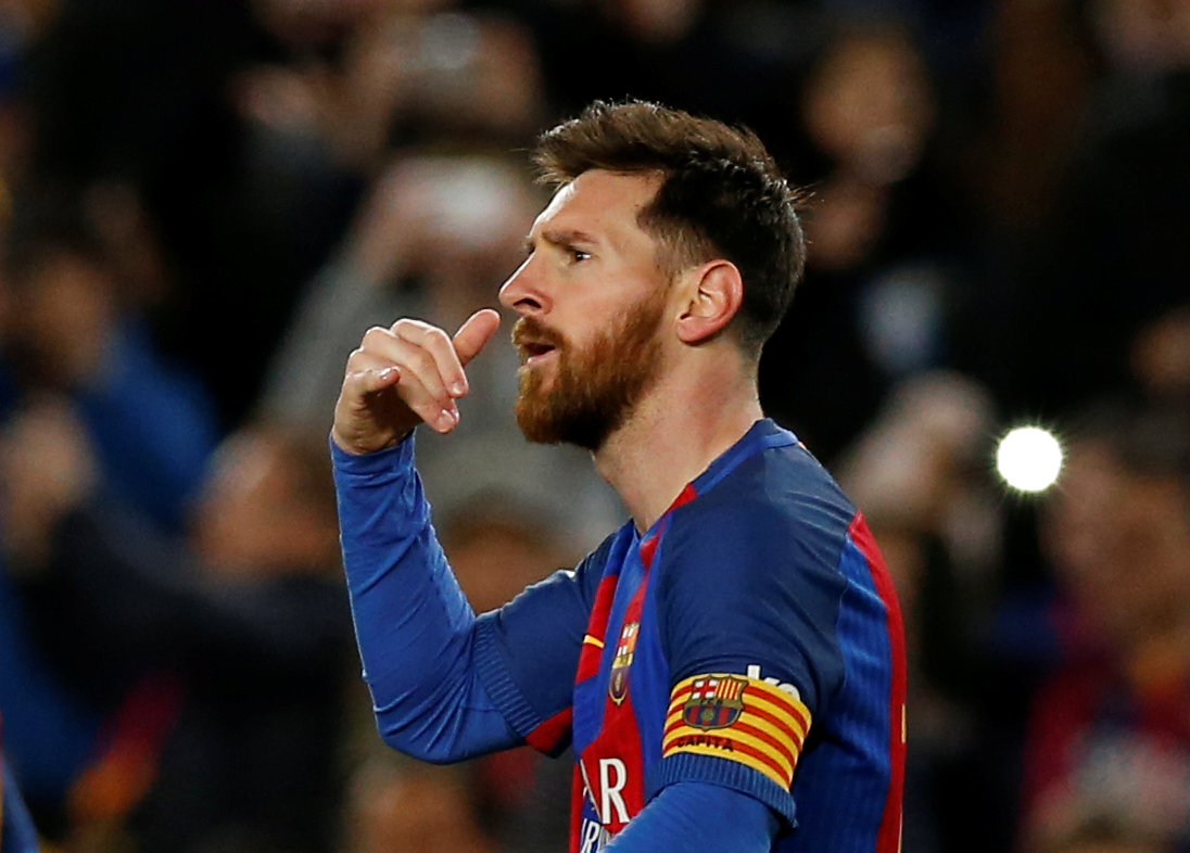 Football Soccer - Barcelona v Celta Vigo - Spanish La Liga Santander - Camp Nou stadium, Barcelona, Spain - 4/03/2017 - Barcelona's Lionel Messi gestures after scoring a goal. REUTERS/Albert Gea