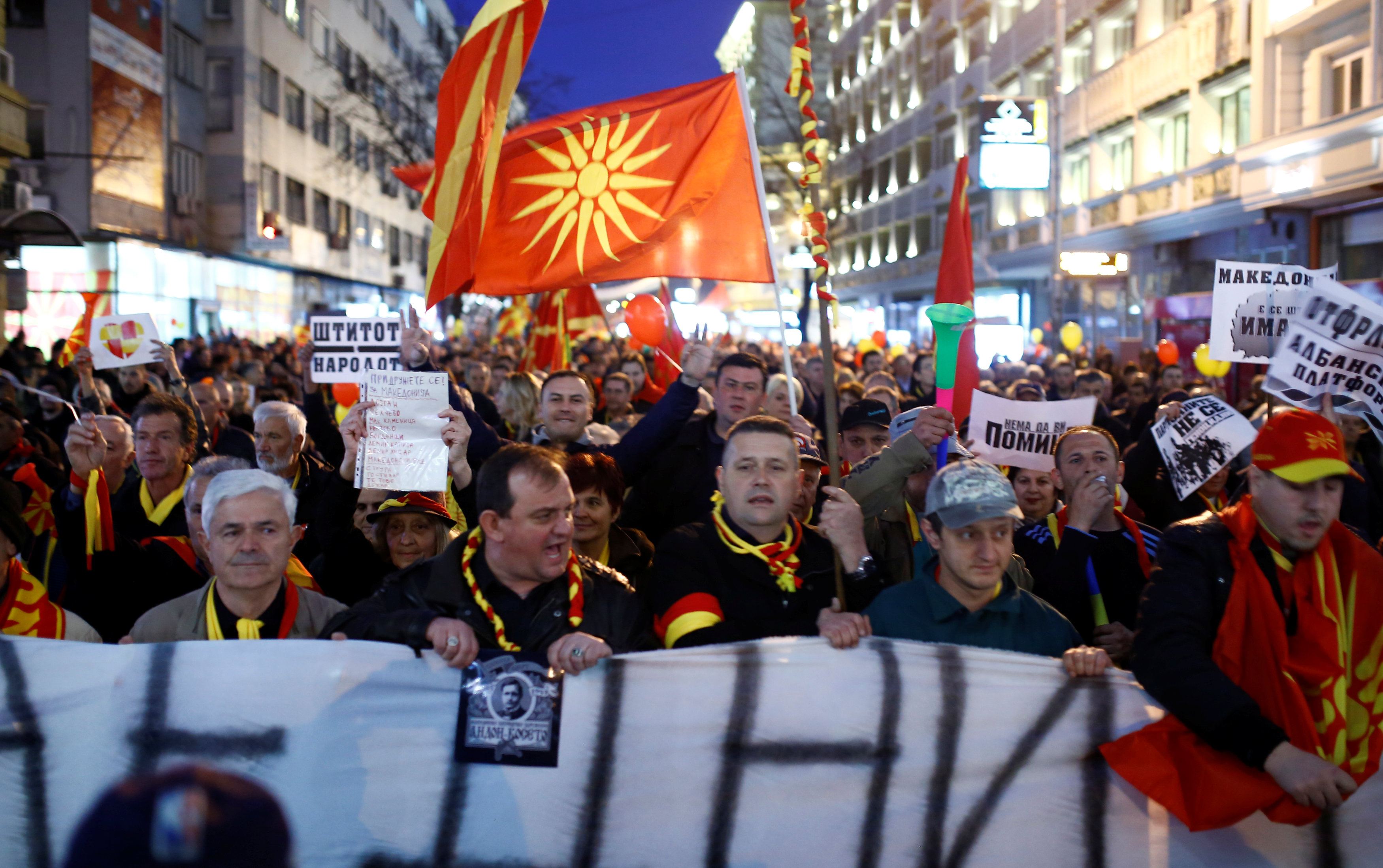 Protesters demonstrate against an agreement that would ensure the wider official use of the Albanian language, in Skopje, Macedonia March 9, 2017. REUTERS/Ognen Teofilovski