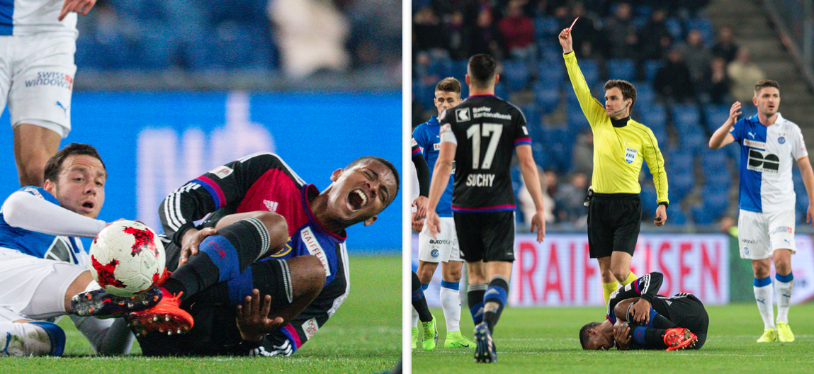 Patrick Olsen springt Manuel Akanji in die Beine (links) und sieht von Stephan Klossner die rote Karte.