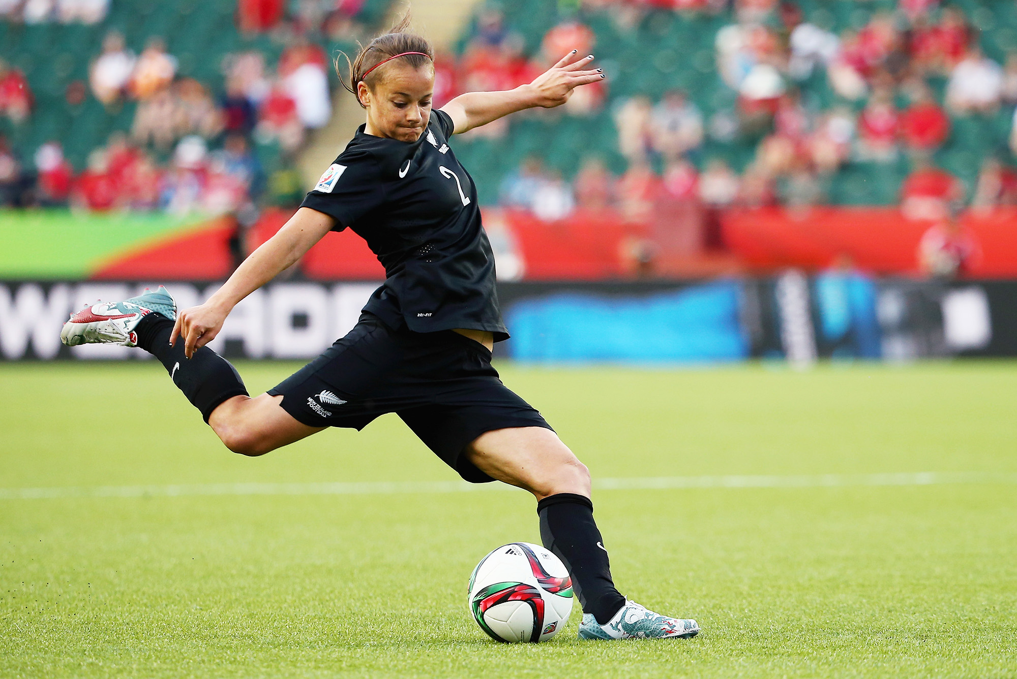 EDMONTON, AB - JUNE 06: Ria Percival #2 of New Zealand crosses the ball during the FIFA Women's World Cup Canada 2015 Group A match between New Zealand and Netherlands at Commonwealth Stadium on June 6, 2015 in Edmonton, Alberta, Canada. (Photo by Maddie Meyer - FIFA/FIFA via Getty Images)