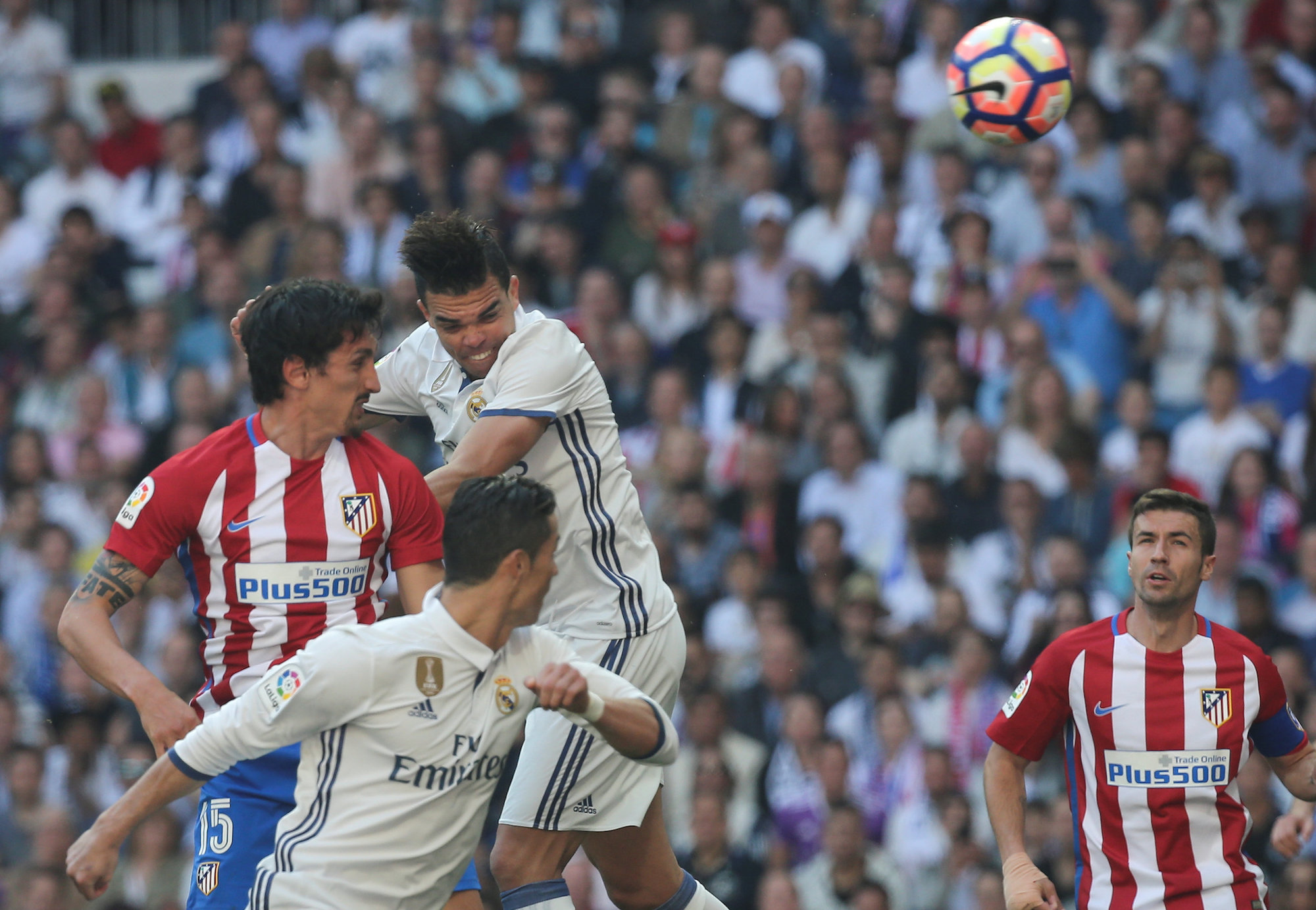 Football Soccer- Spanish La Liga Santander - Real Madrid v Atletico Madrid - Santiago Bernabeu Stadium, Madrid, Spain - 08/04/17 - Real Madrid's Pepe scores a goal. REUTERS/Sergio Perez