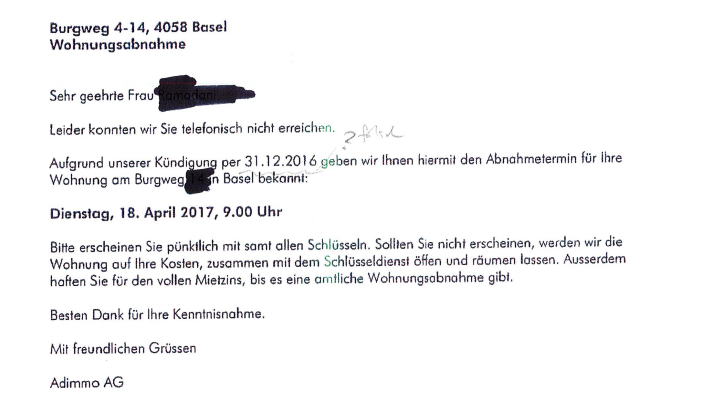 Eine Woche Zeit, die Möbel zu zügeln: Räumungsandrohung der Adimmo AG.