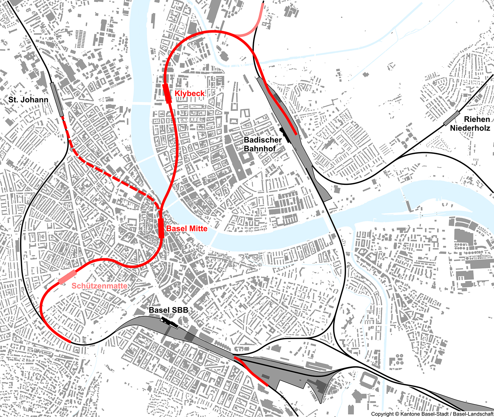 Die Durchmesserlinie schlägt neu einen kühnen Bogen über das Entwicklungsgebiet Klybeck und ins Elsass zum EuroAirport. Die hier eingezeichnete Station Schützenmatte ist zurzeit erst eine Option.