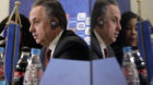 Russian Deputy Prime Minister and Russia World Cup head Vitaly Mutko and FIFA secretary general Fatma Samoura are reflected i
