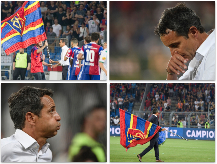 Perplex (oben links, als ihm von einem Fan die FCB-Fahne überreicht wird), bewegt und emotional angefasst – der FCB-Präsident Bernhard Heusler bei der Aktion der Muttenzerkurve und beim Abgang aus dem Stadion nach der Dernière.