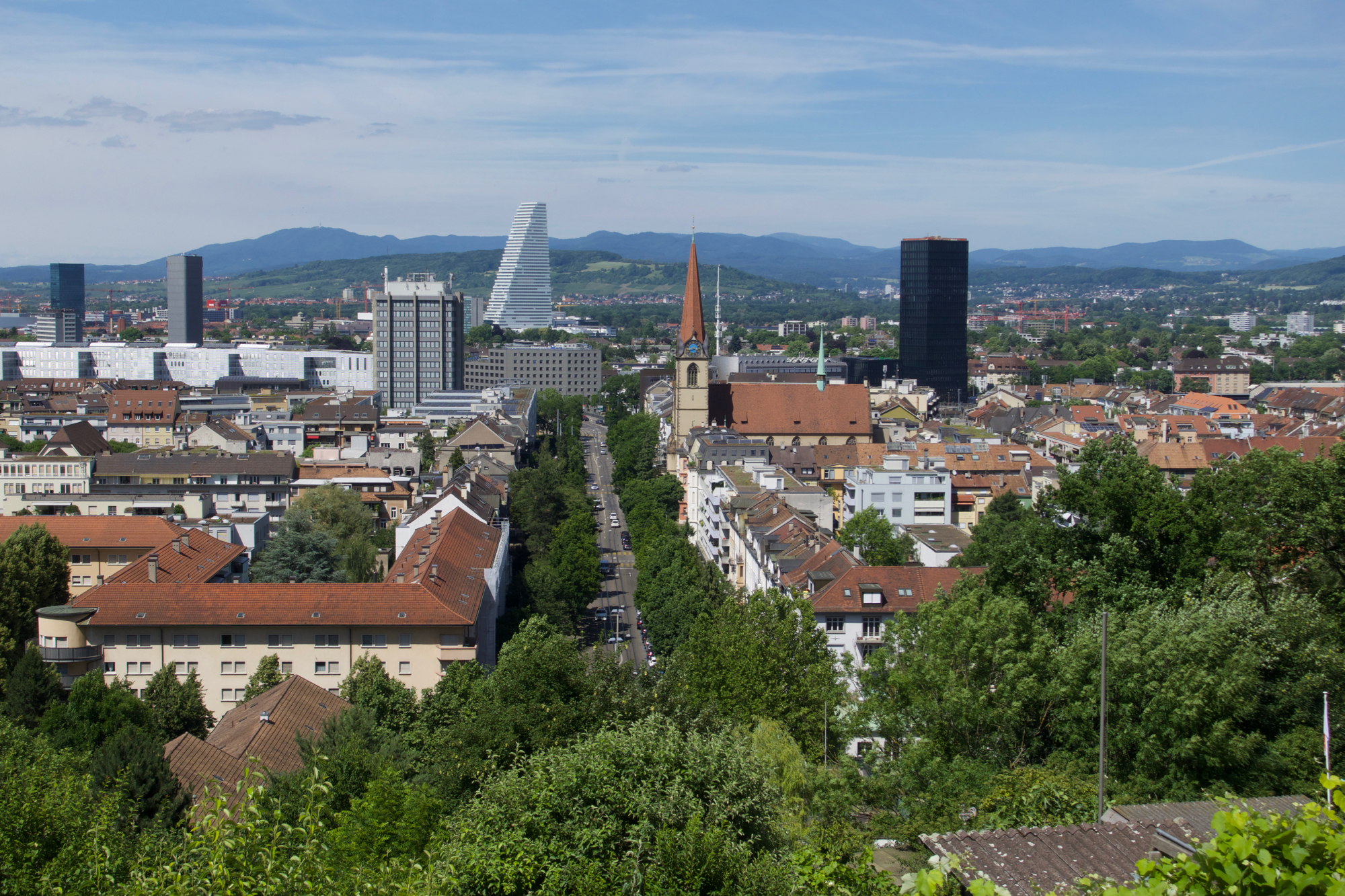 Blick vom Brunderholz runter af die Kunst- und Kunstmessestadt Basel.