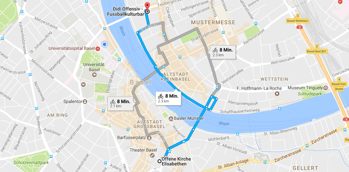 Die Route von der Elisabethenkirche zum Erasmusplatz.