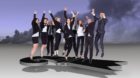 Group of jubilant business people jumping for joy and shouting in their excitement at their success isolated on white
