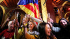People react to results in Catalonia's regional elections at a gathering of the Catalan National Assembly (ANC) in Barcelona,