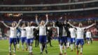 Players of the FC Basel greet supporters after the 0-2 win in the Champions League group A soccer match between SL Benfica an