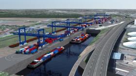 Visualisierung des geplanten trimodalen Container-Terminals mit dem Hafenbecken drei.